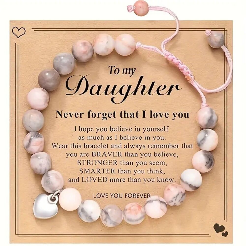Daughter Natural Pink Zebra Jasper Beaded Gemstone Bracelet Silver Heart Charm